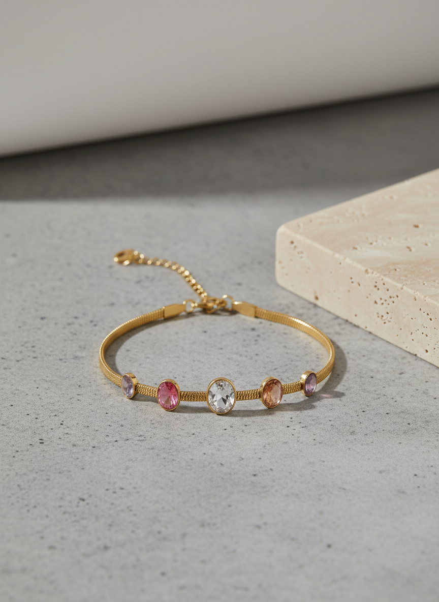 Gold Snake Chain Bracelet with 5 Colorful Gemstones | Adjustable Fit