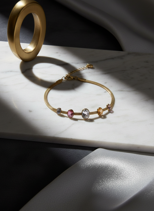 Gold Snake Chain Bracelet with 5 Colorful Gemstones | Adjustable Fit