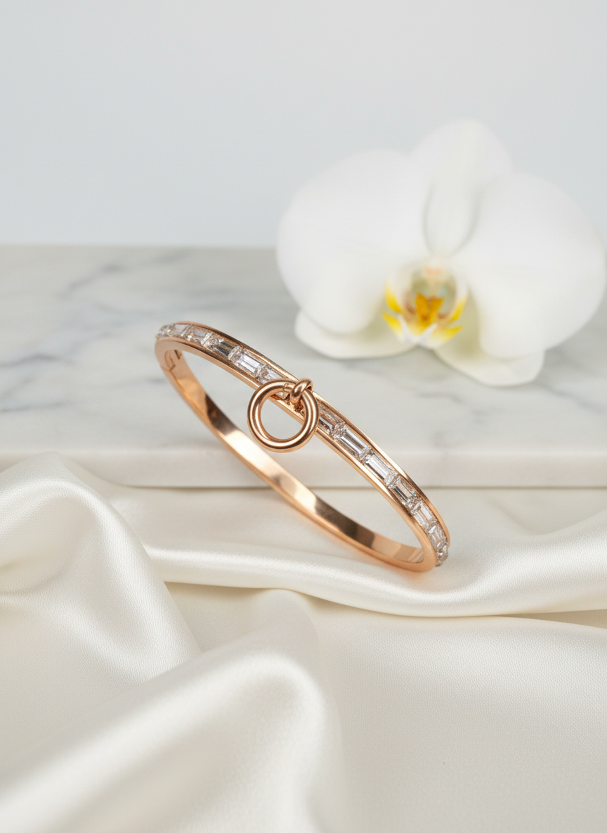 Rose Gold Diamond Bangle Bracelet with Circle Clasp | Baguette Cut Stones | Elegant Women's Jewelry