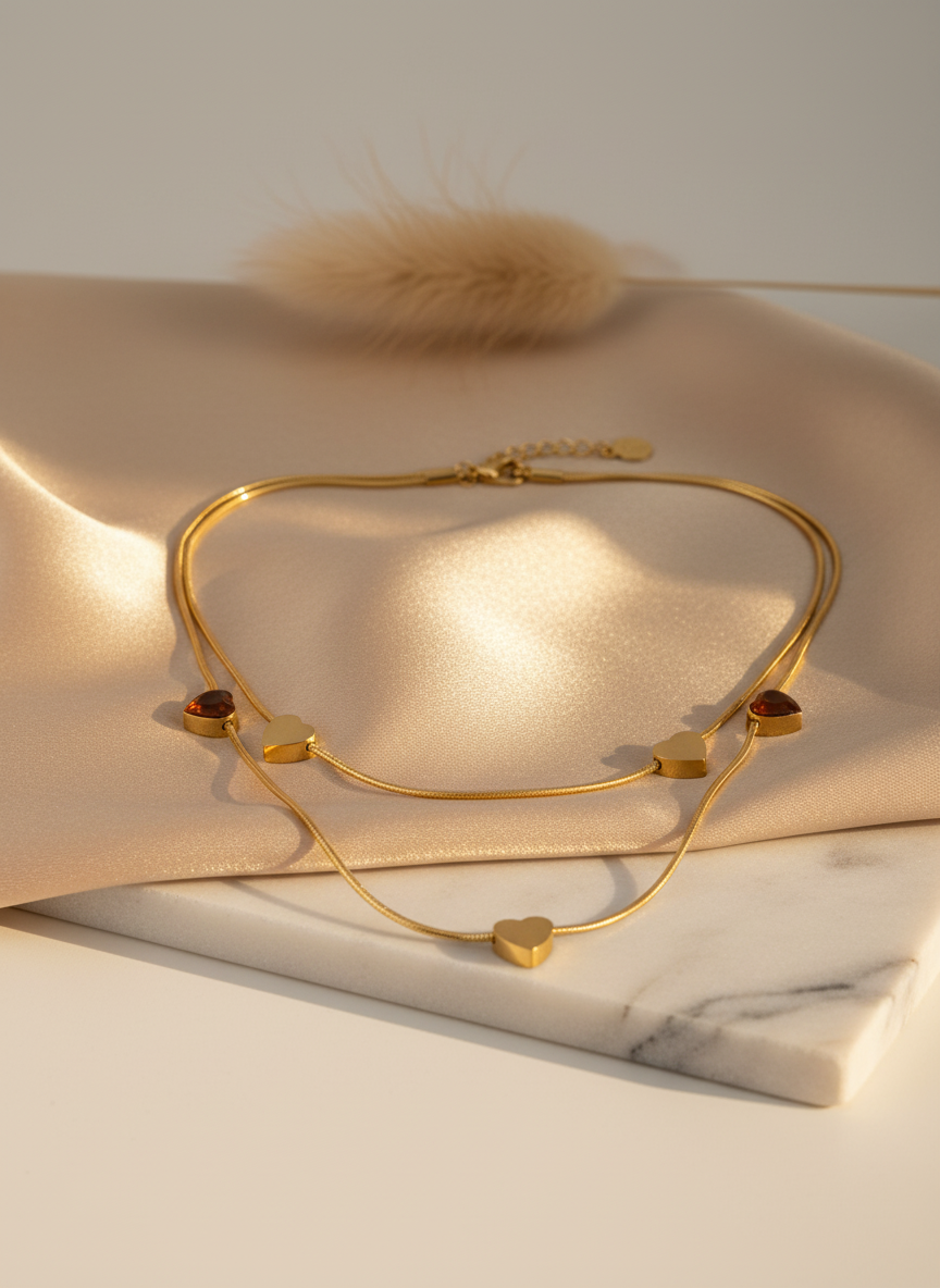 Gold Heart Layering Necklace | Dainty Double Chain Design