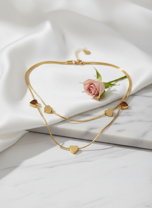 Gold Heart Layering Necklace | Dainty Double Chain Design