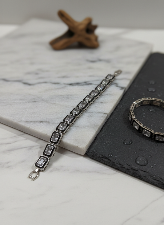 Silver Rectangle Crystal Bracelet | Elegant Women’s Jewelry | Minimalist Design