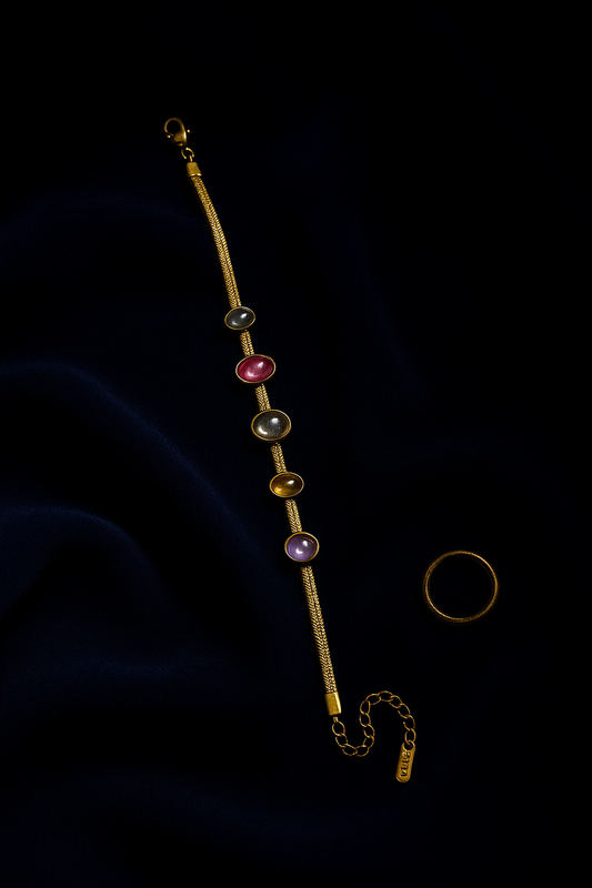 Gold Snake Chain Bracelet with 5 Colorful Gemstones | Adjustable Fit