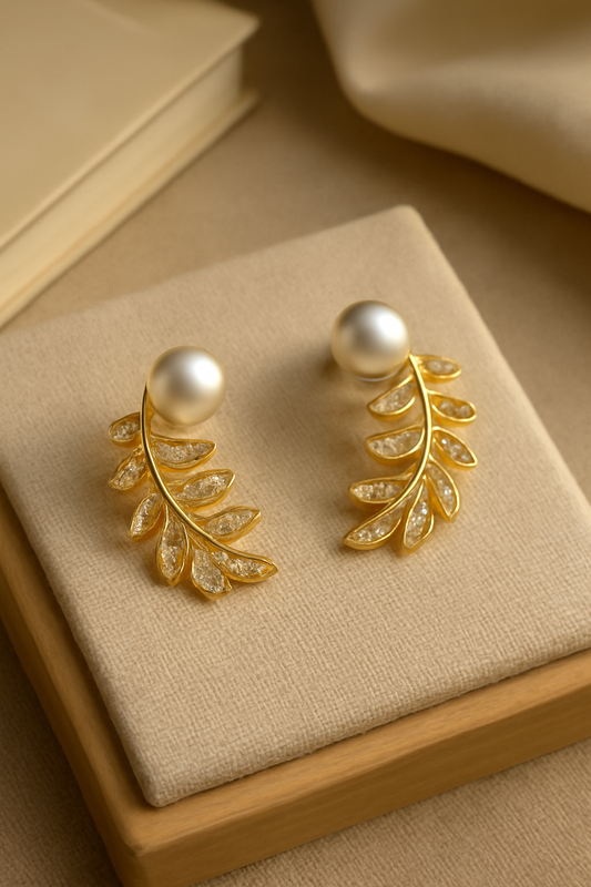 Elegant Gold Leaf Pearl Earrings with Crystal Detailing