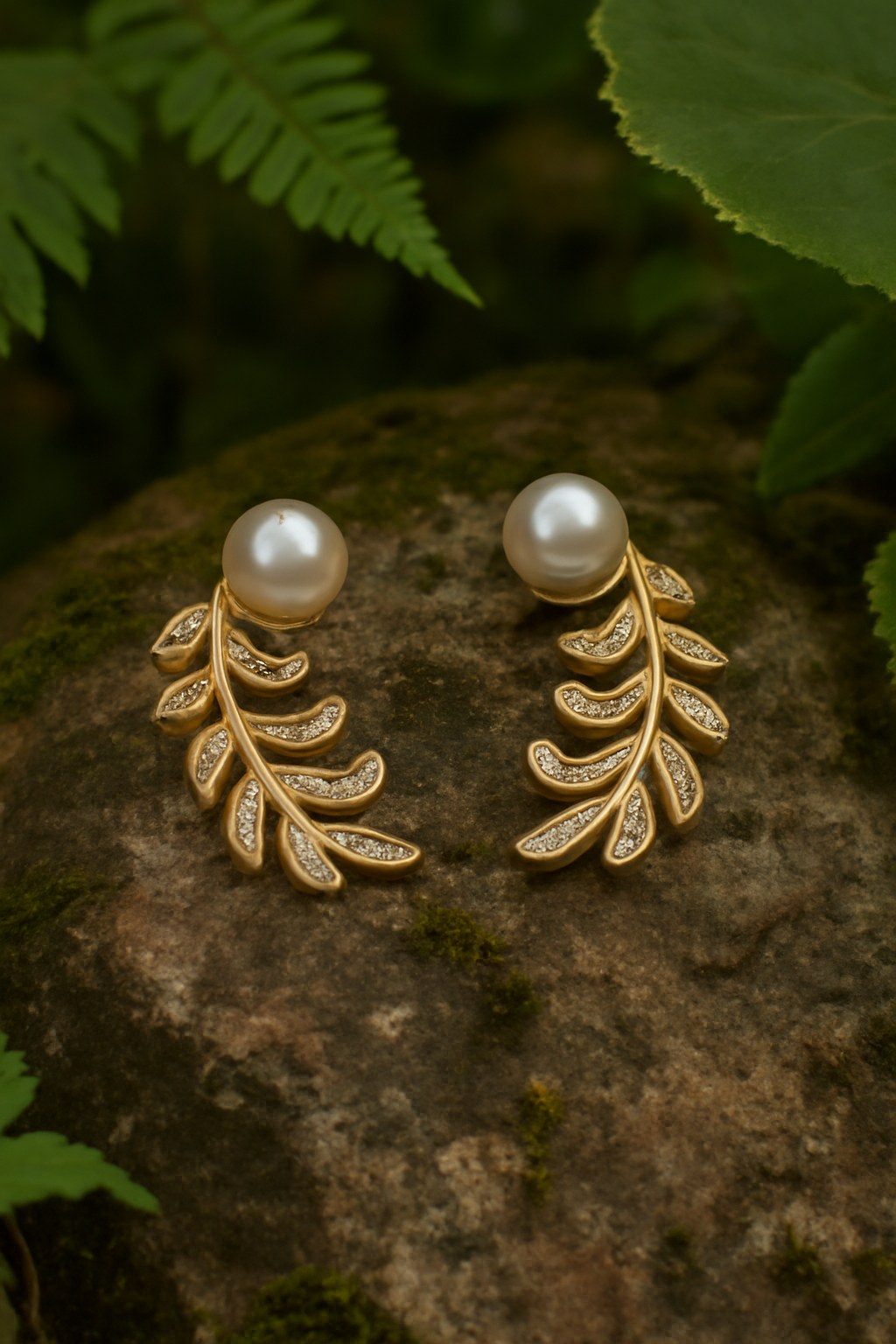 Elegant Gold Leaf Pearl Earrings with Crystal Detailing