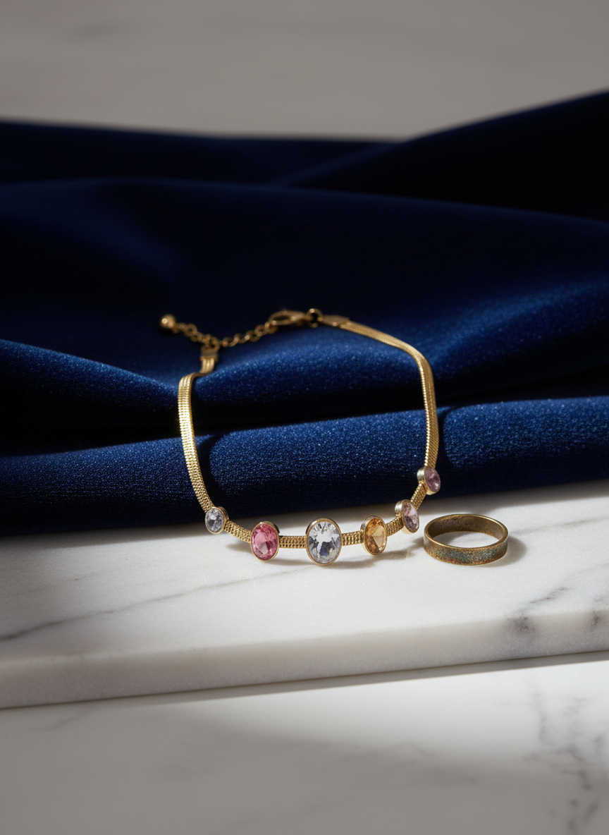 Gold Snake Chain Bracelet with 5 Colorful Gemstones | Adjustable Fit