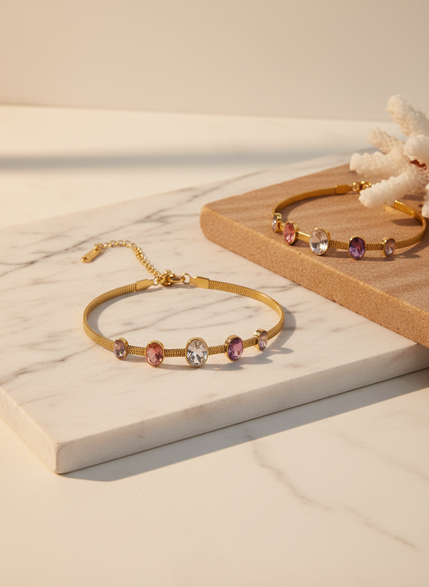 Gold Snake Chain Bracelet with 5 Colorful Gemstones | Adjustable Fit