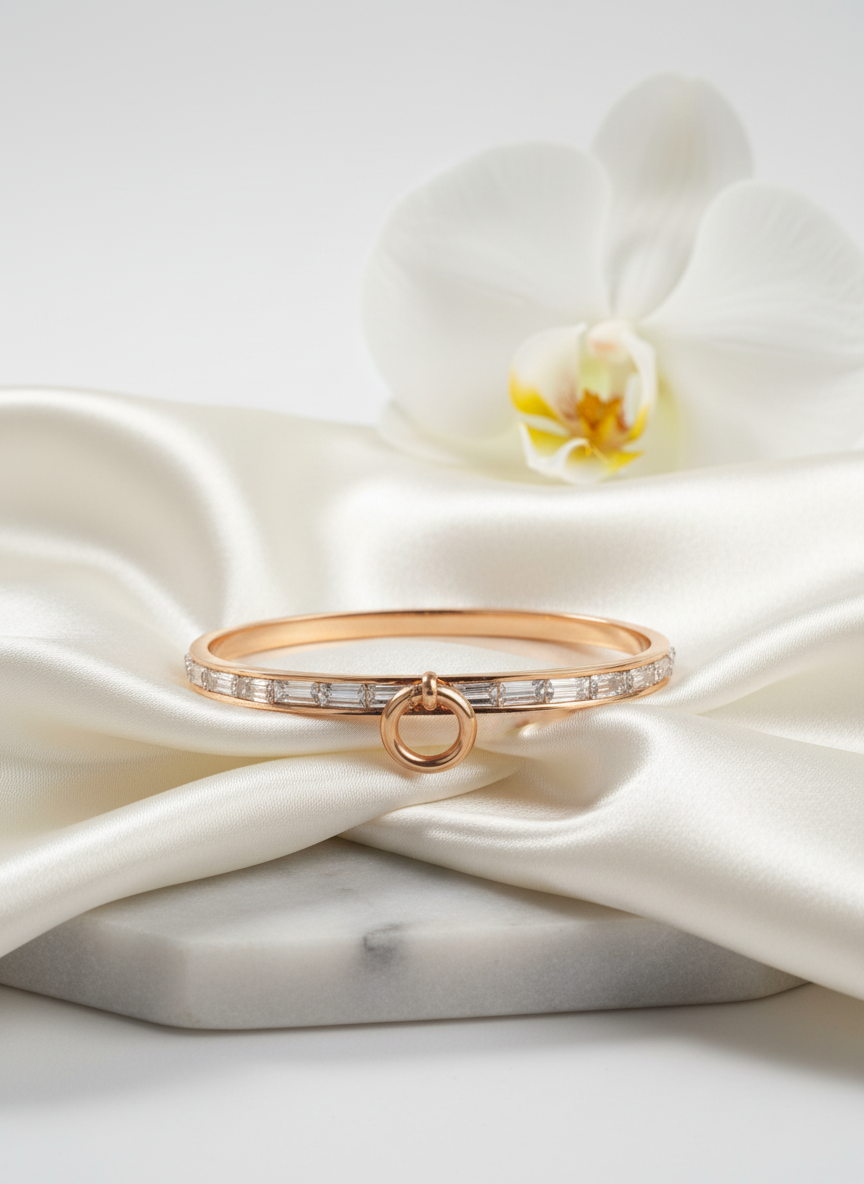 Rose Gold Diamond Bangle Bracelet with Circle Clasp | Baguette Cut Stones | Elegant Women's Jewelry