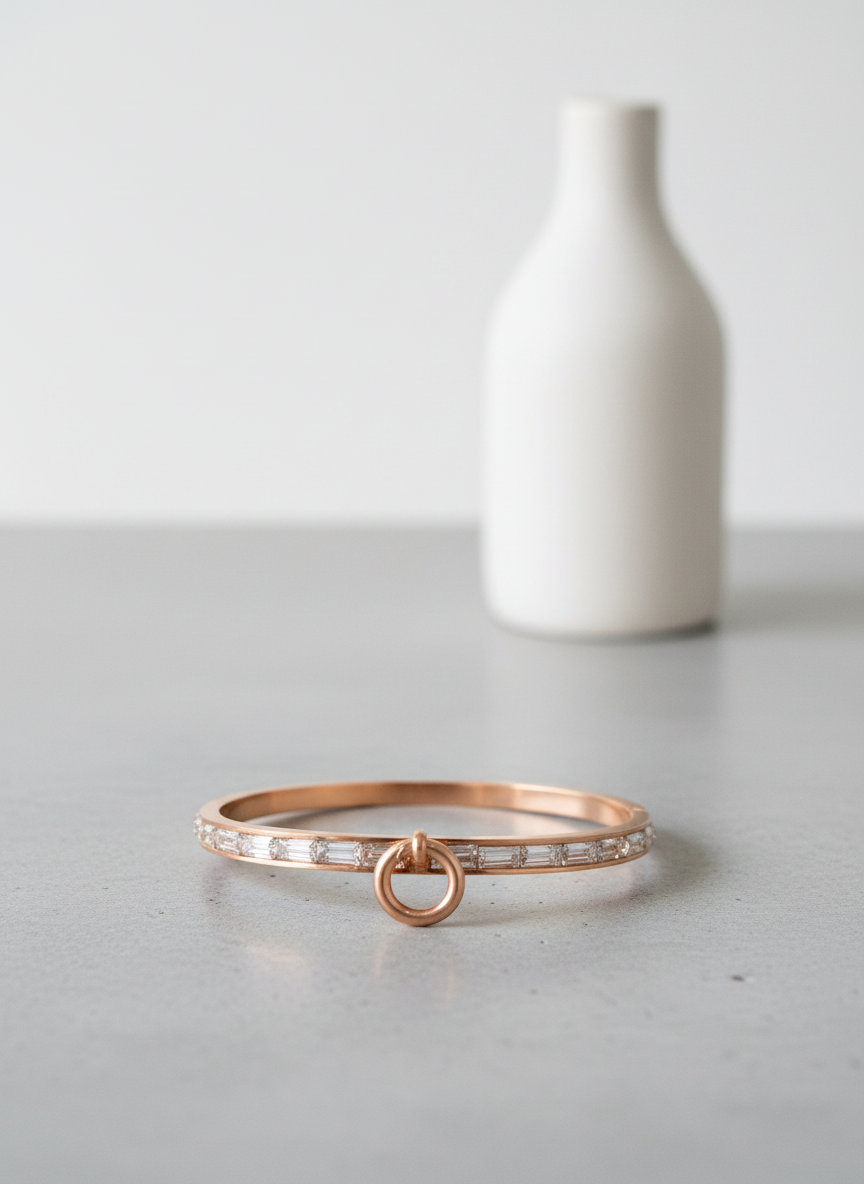 Rose Gold Diamond Bangle Bracelet with Circle Clasp | Baguette Cut Stones | Elegant Women's Jewelry