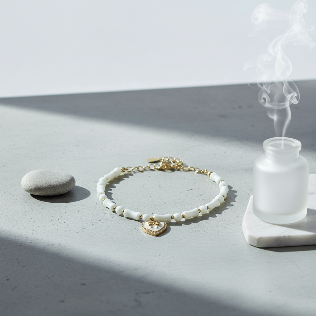 White Beaded Heart Charm Bracelet with Gold Bow Detail