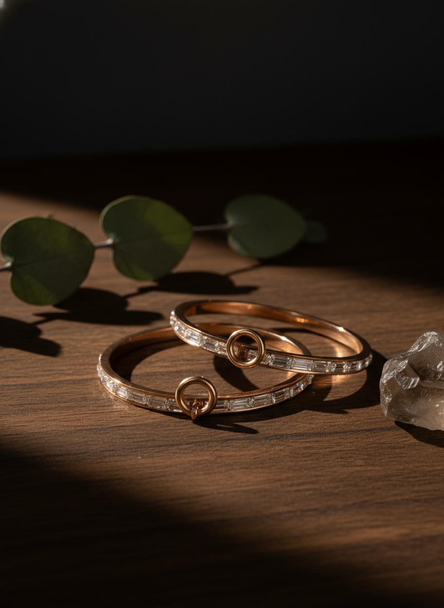 Rose Gold Diamond Bangle Bracelet with Circle Clasp | Baguette Cut Stones | Elegant Women's Jewelry