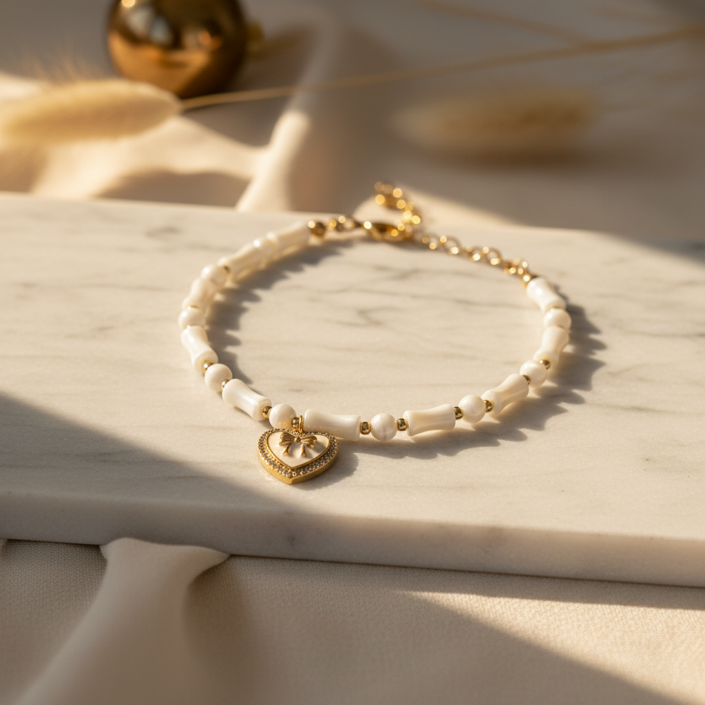 White Beaded Heart Charm Bracelet with Gold Bow Detail
