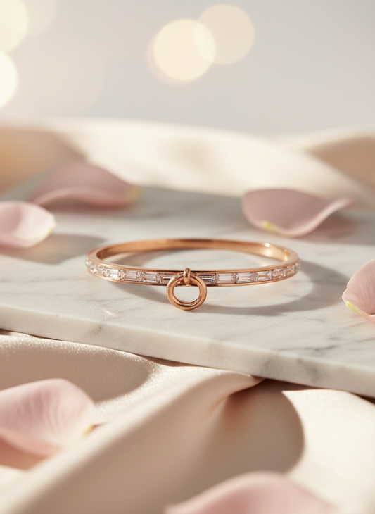 Rose Gold Diamond Bangle Bracelet with Circle Clasp | Baguette Cut Stones | Elegant Women's Jewelry