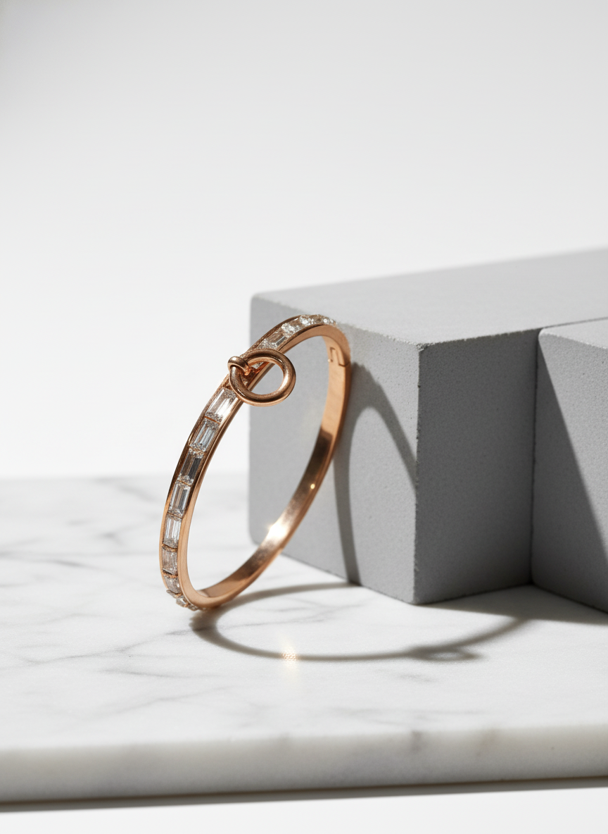 Rose Gold Diamond Bangle Bracelet with Circle Clasp | Baguette Cut Stones | Elegant Women's Jewelry
