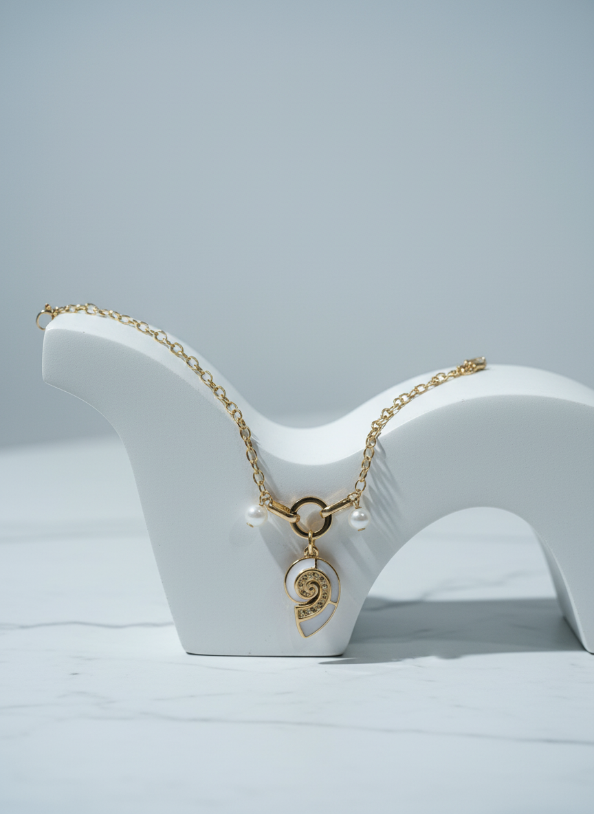 Elegant Gold Seashell Charm Bracelet with Pearl – Ocean-Inspired Designer Jewelry