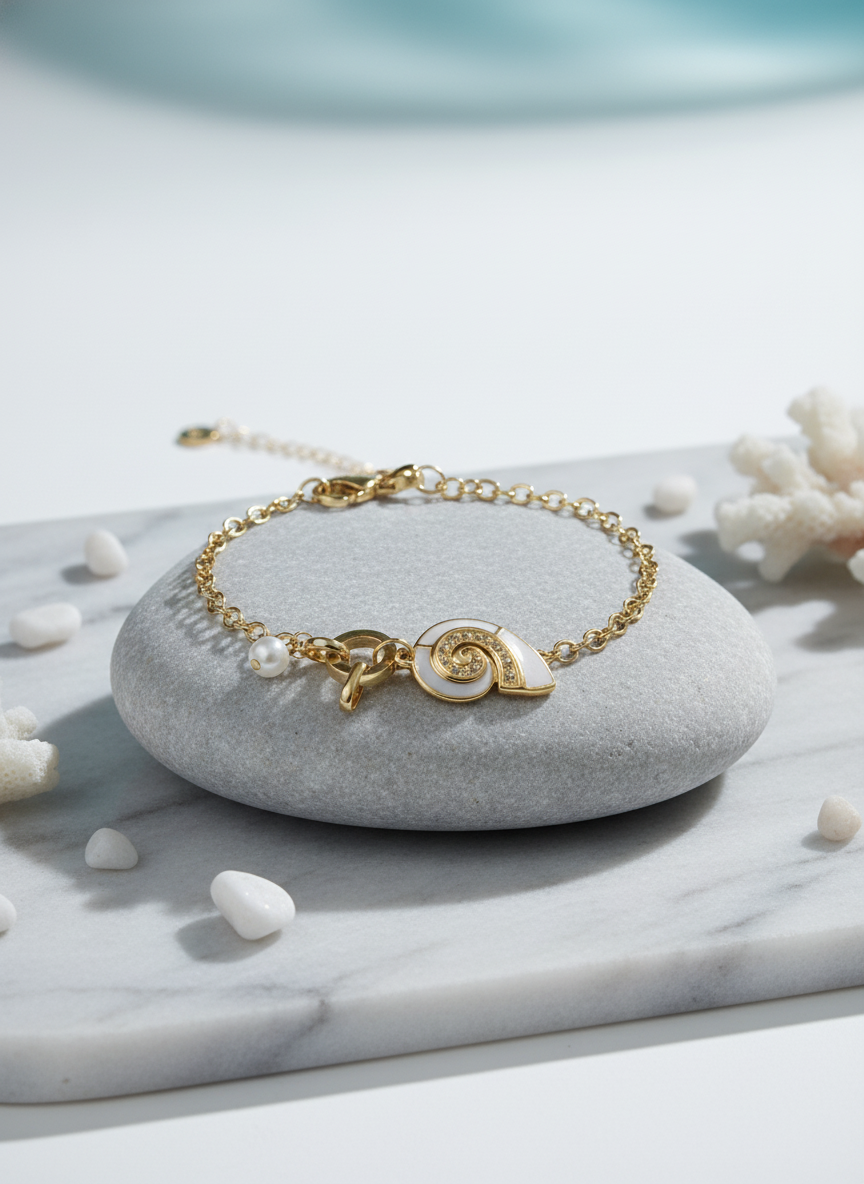 Elegant Gold Seashell Charm Bracelet with Pearl – Ocean-Inspired Designer Jewelry