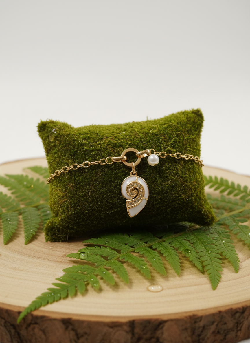 Elegant Gold Seashell Charm Bracelet with Pearl – Ocean-Inspired Designer Jewelry