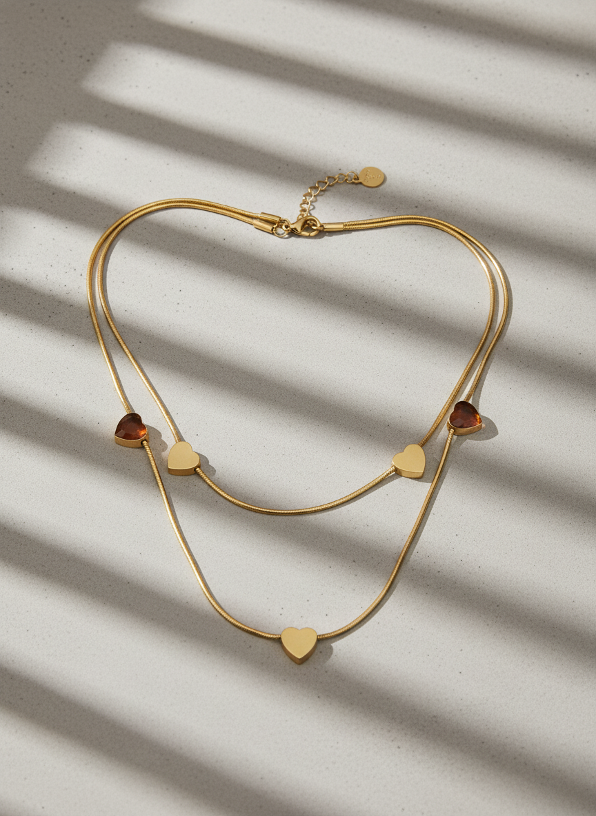 Gold Heart Layering Necklace | Dainty Double Chain Design