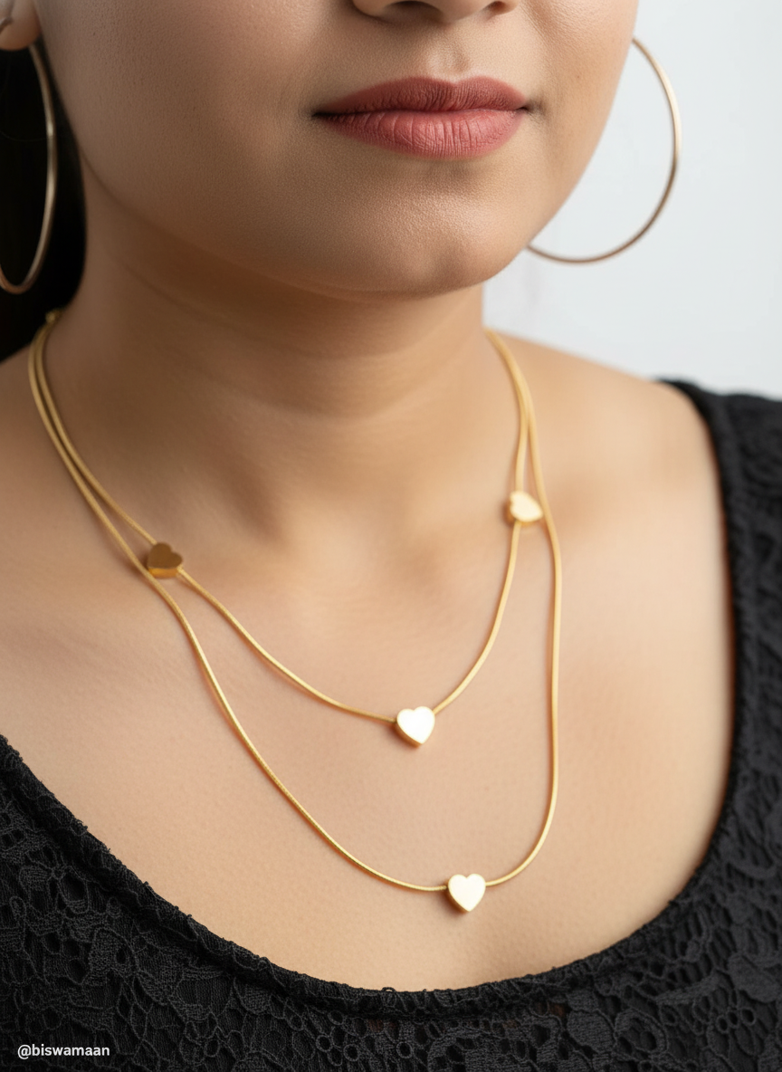 Gold Heart Layering Necklace | Dainty Double Chain Design