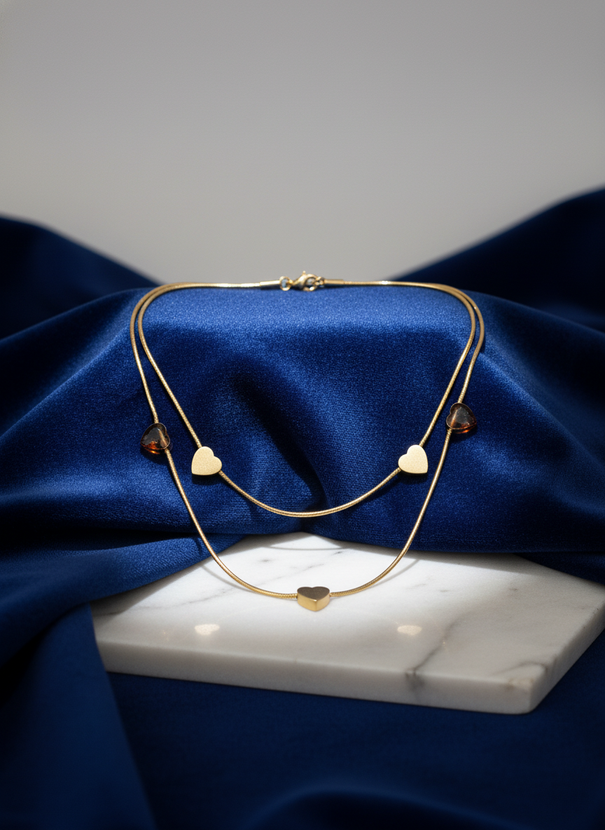 Gold Heart Layering Necklace | Dainty Double Chain Design