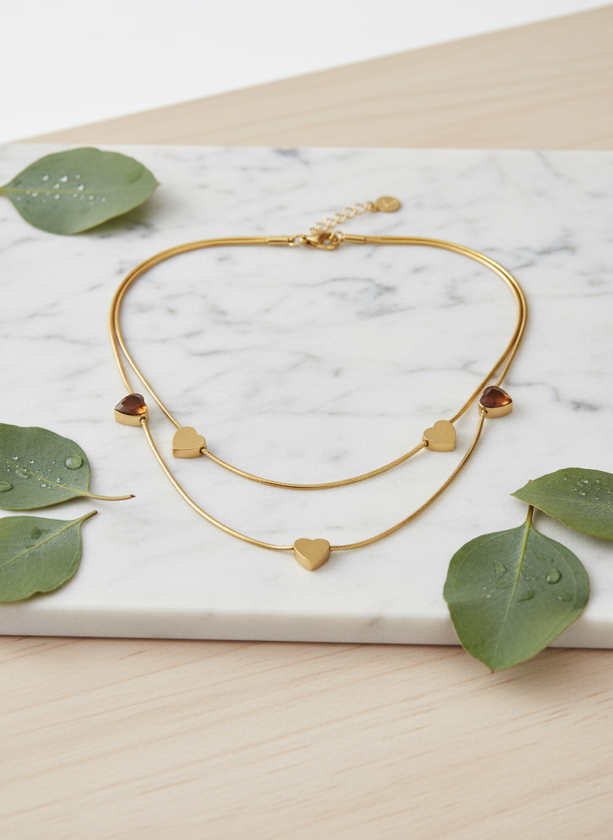 Gold Heart Layering Necklace | Dainty Double Chain Design