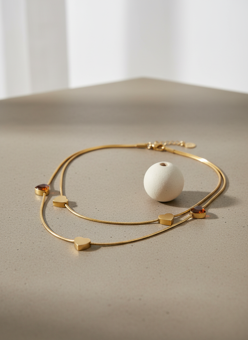 Gold Heart Layering Necklace | Dainty Double Chain Design