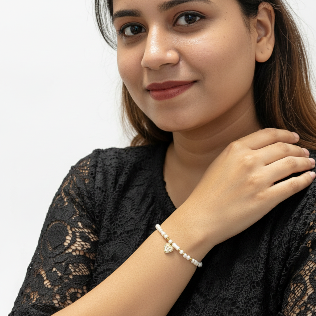 White Beaded Heart Charm Bracelet with Gold Bow Detail