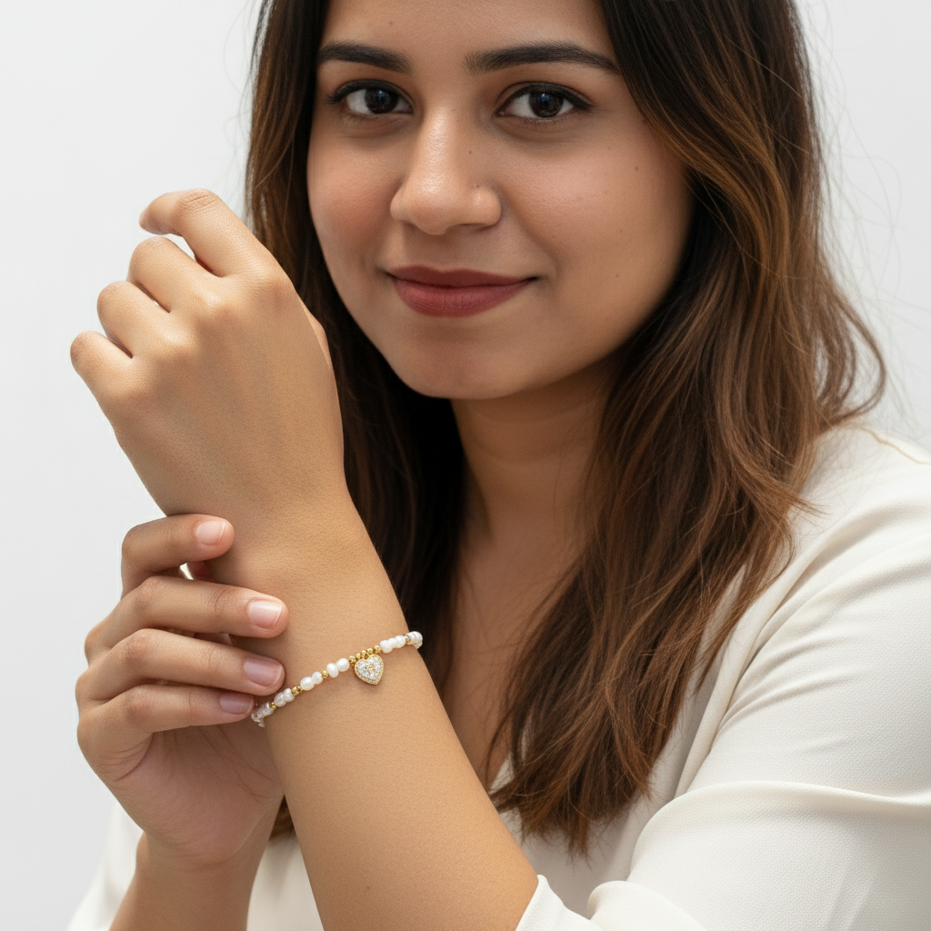 White Beaded Heart Charm Bracelet with Gold Bow Detail