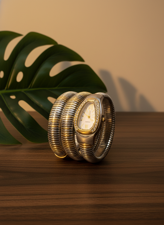 Premium Luxury Snake-Inspired Gold & Silver Coil Bracelet Watch for Women